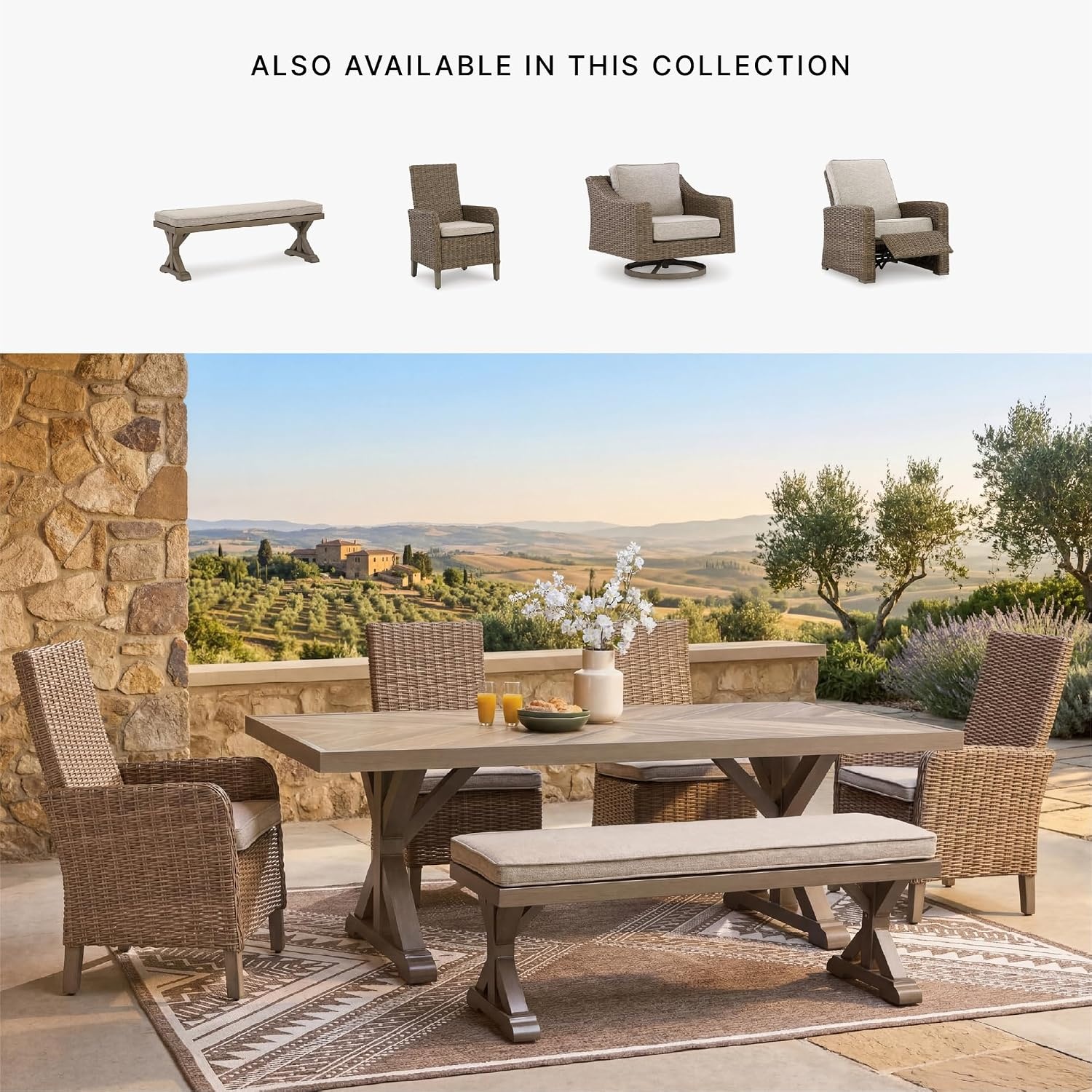 image:imageSignature Design by Ashley Carmel Bay Casual Weather and Rust Resistant Outdoor Dining Table with Porcelain Tabletop and Umbrella Hole Grayish Brown