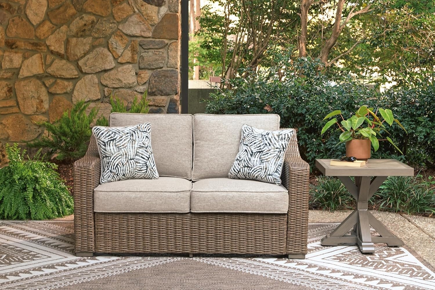 image:imageSignature Design by Ashley Carmel Bay Outdoor Square End Table Beige Patio Accent Table with Porcelain Top