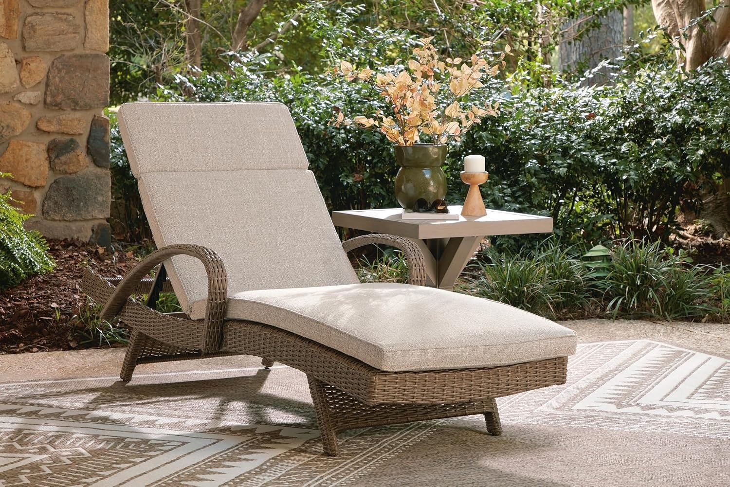 image:imageSignature Design by Ashley Carmel Bay Outdoor Square End Table Beige Patio Accent Table with Porcelain Top