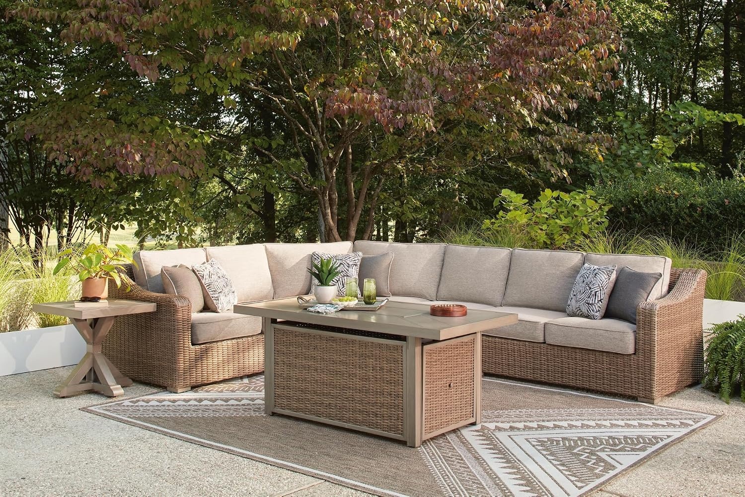 image:imageSignature Design by Ashley Carmel Bay Outdoor Square End Table Beige Patio Accent Table with Porcelain Top