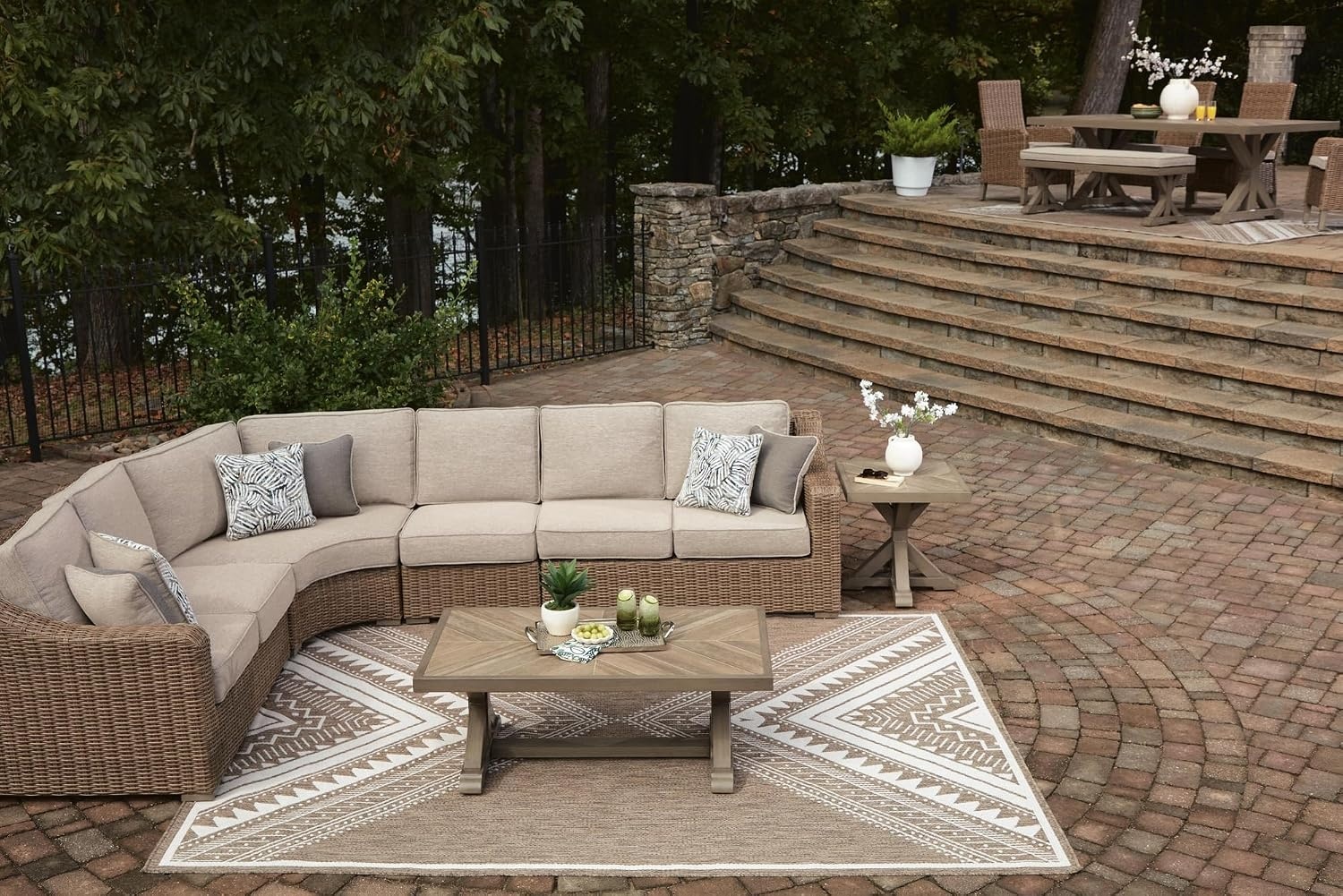image:imageSignature Design by Ashley Carmel Bay Outdoor Square End Table Beige Patio Accent Table with Porcelain Top