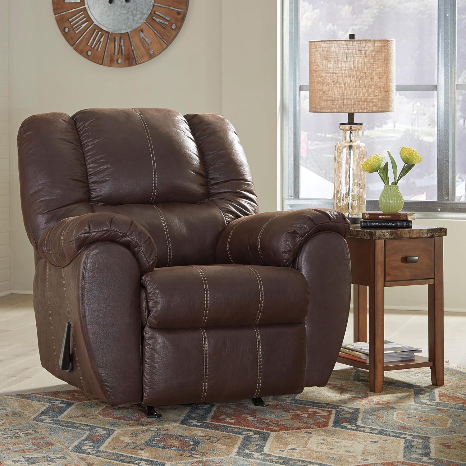 image:imageSignature Design by Ashley McGann Modern Faux Leather Manual Pull Rocker Recliner BrownBrown