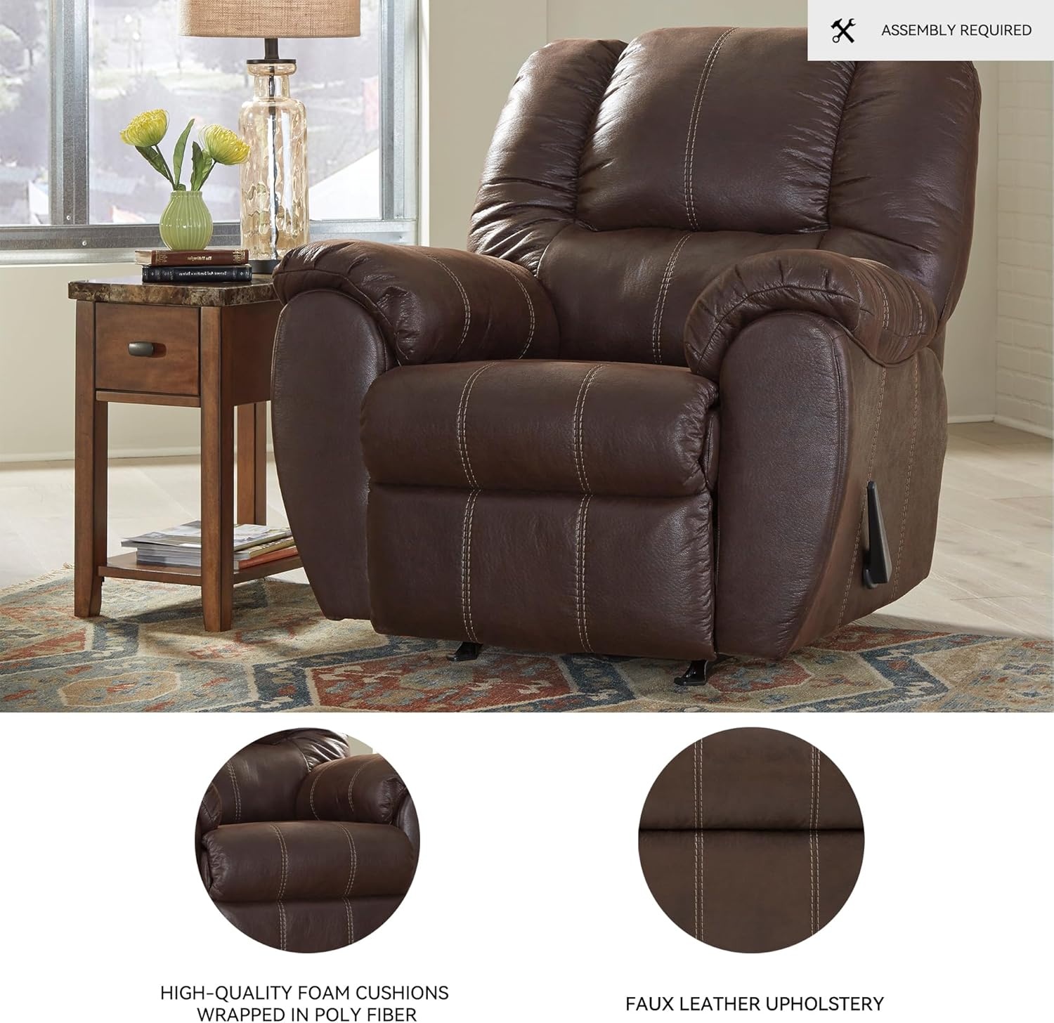 image:imageSignature Design by Ashley McGann Modern Faux Leather Manual Pull Rocker Recliner BrownBrown