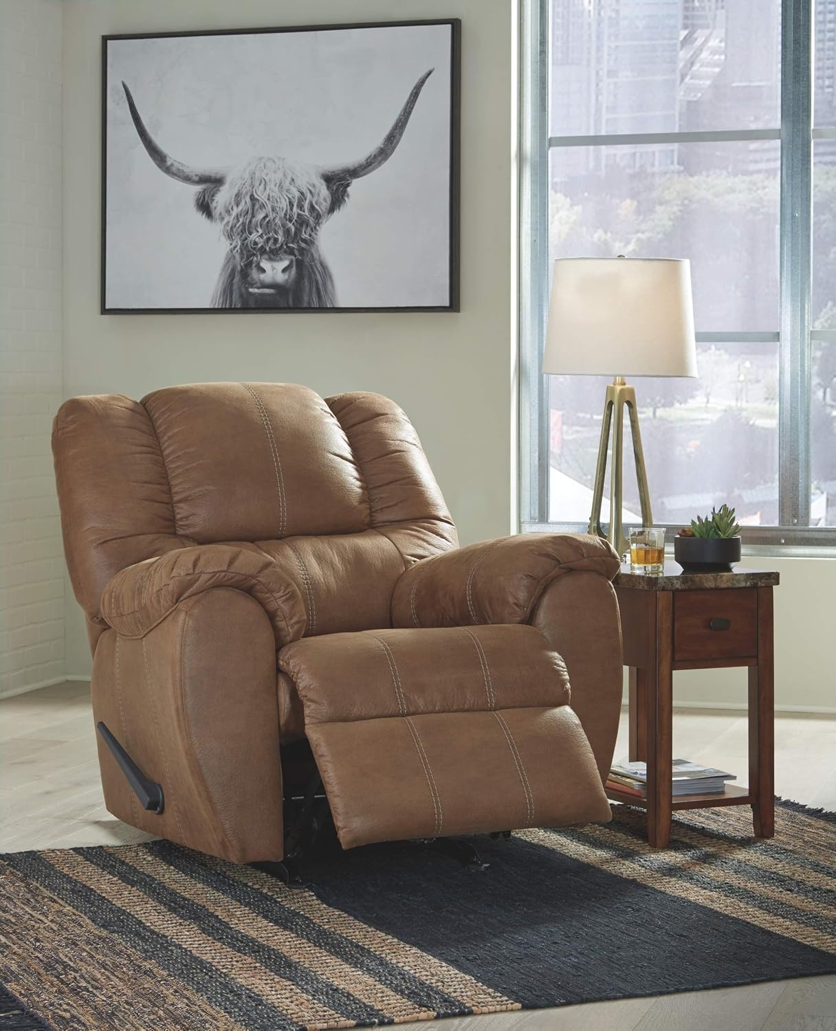 image:imageSignature Design by Ashley McGann Modern Faux Leather Manual Pull Rocker Recliner BrownLight Brown