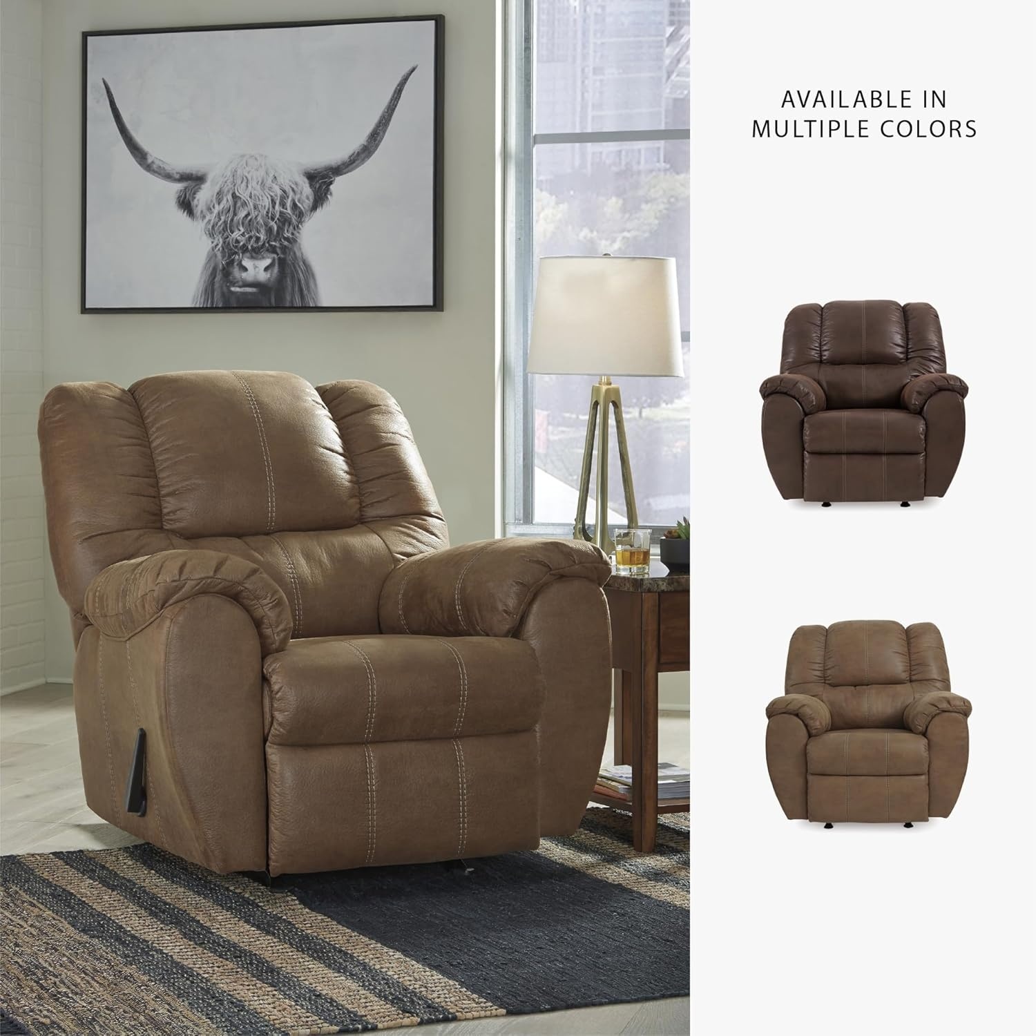 image:imageSignature Design by Ashley McGann Modern Faux Leather Manual Pull Rocker Recliner BrownLight Brown