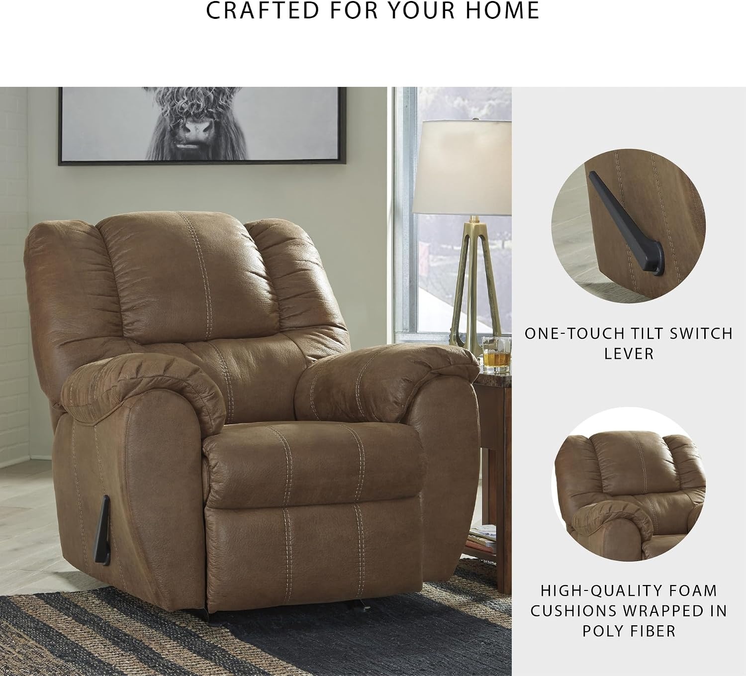 image:imageSignature Design by Ashley McGann Modern Faux Leather Manual Pull Rocker Recliner BrownLight Brown