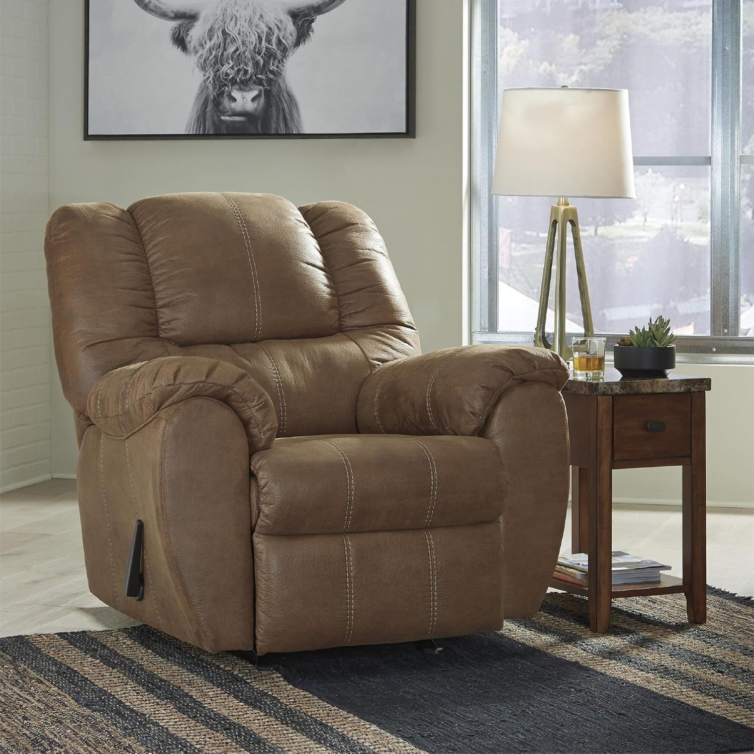 image:imageSignature Design by Ashley McGann Modern Faux Leather Manual Pull Rocker Recliner BrownLight Brown
