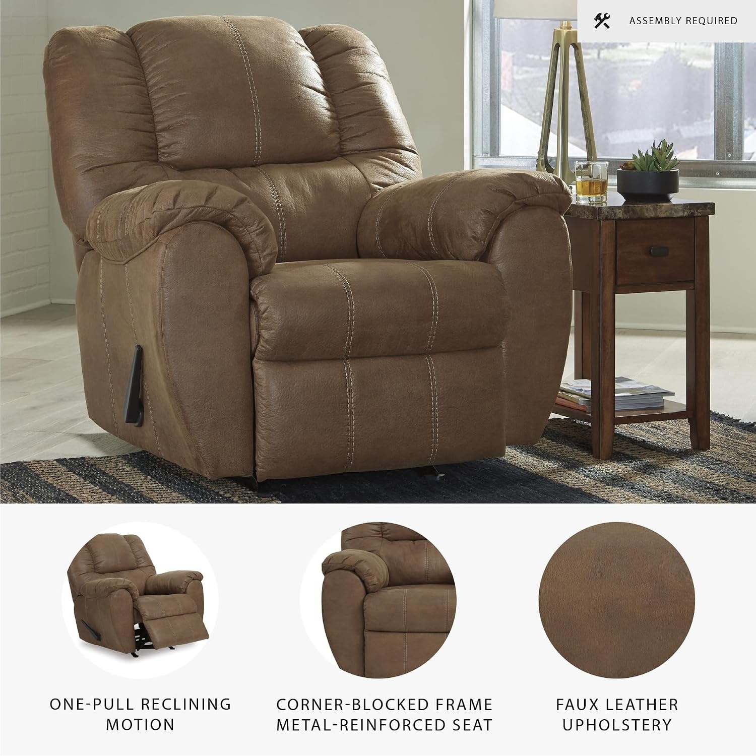 image:imageSignature Design by Ashley McGann Modern Faux Leather Manual Pull Rocker Recliner BrownLight Brown