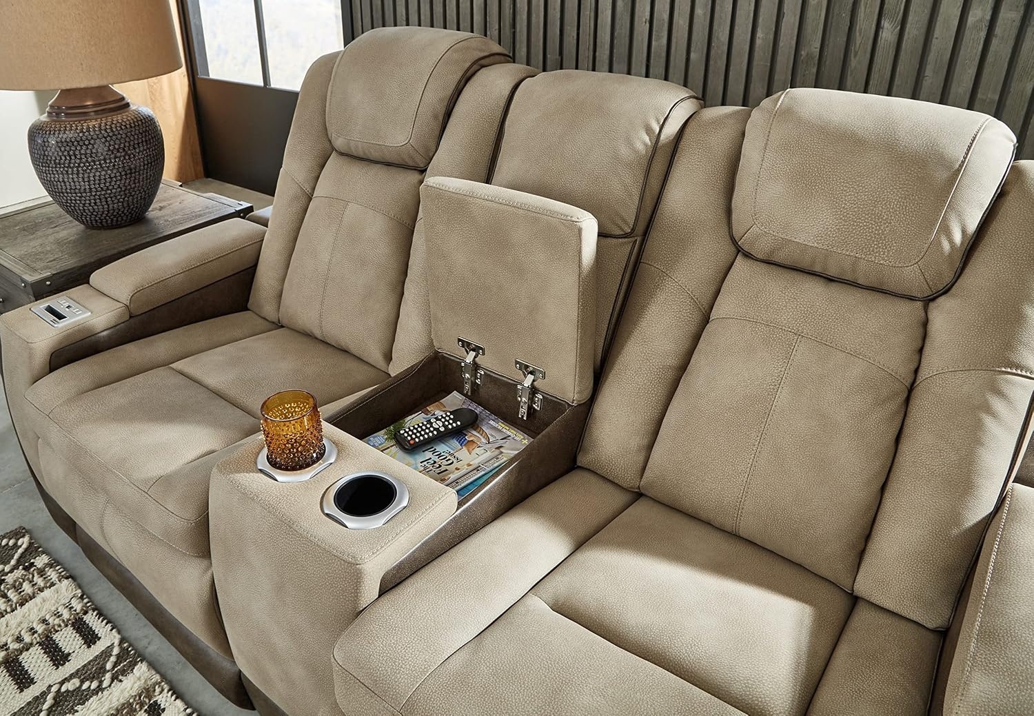 image:imageSignature Design by Ashley NextGen DuraPella Power Reclining Sofa with Adjustable Headrest Sand amp NextGen DuraPella Power Reclining Loveseat with Console amp Adjustable Headrest SandSofa Loveseat