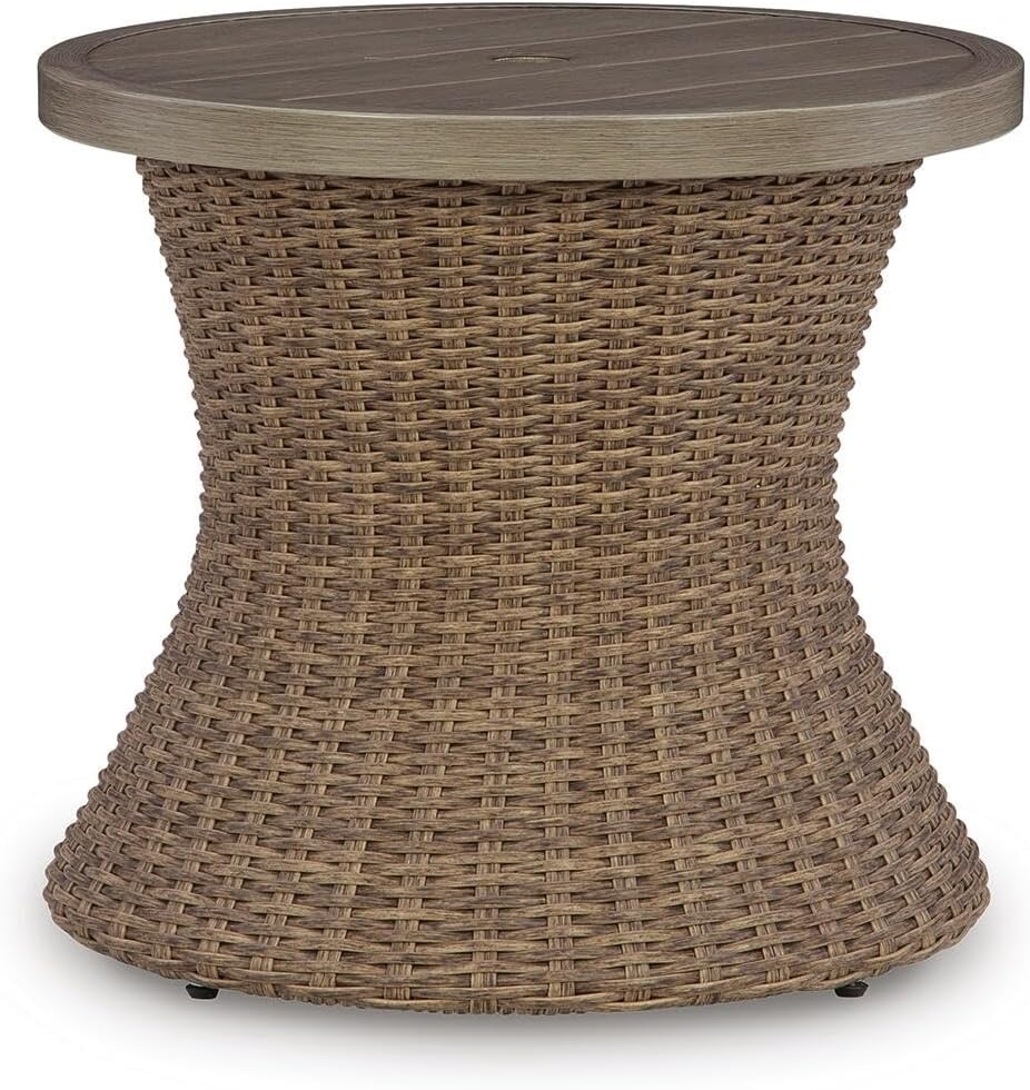 image:imageSignature Design by Ashley Revare Beach Casual Weather and Rust Resistant Outdoor End Table with Umbrella Hole Medium Brown