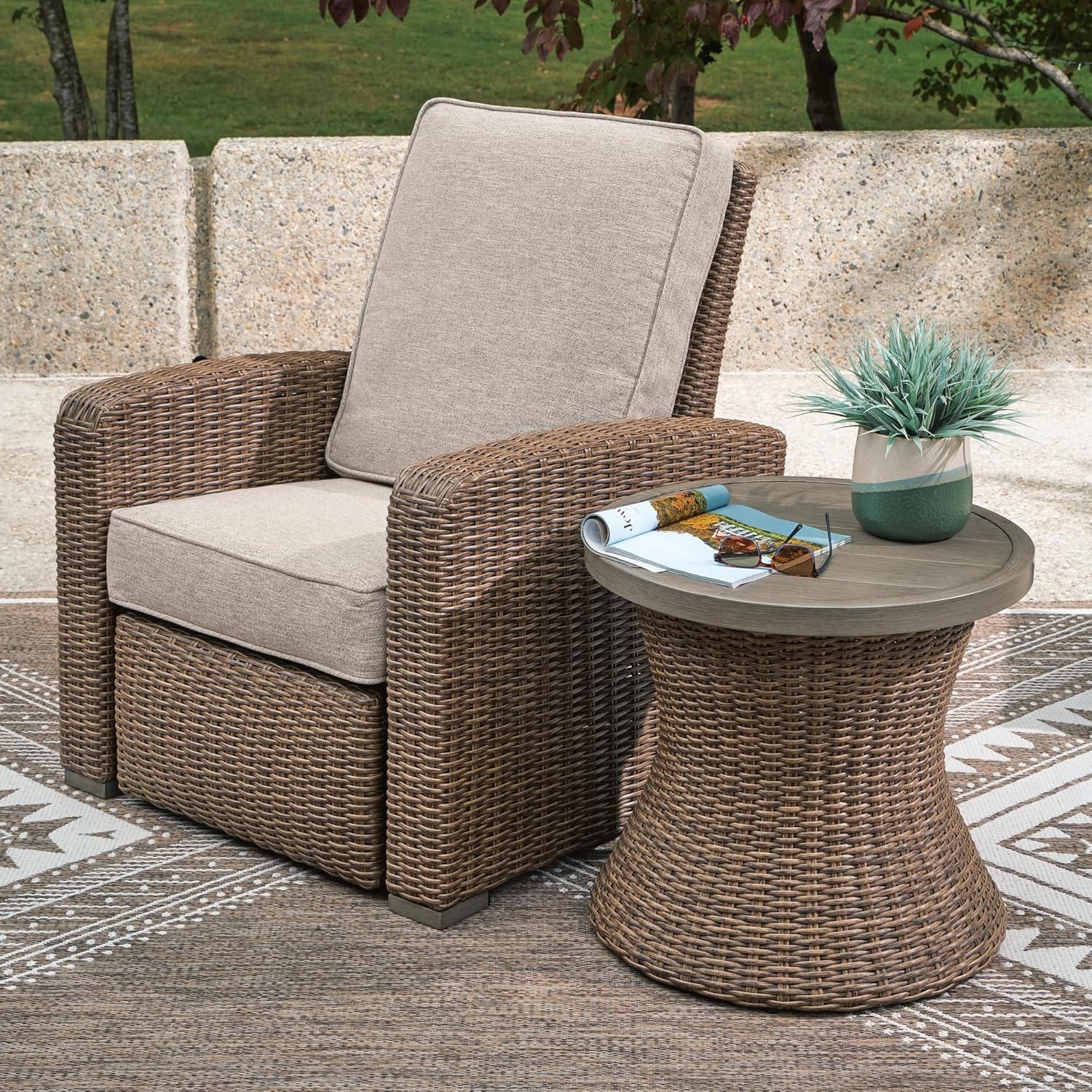 image:imageSignature Design by Ashley Revare Beach Casual Weather and Rust Resistant Outdoor End Table with Umbrella Hole Medium Brown