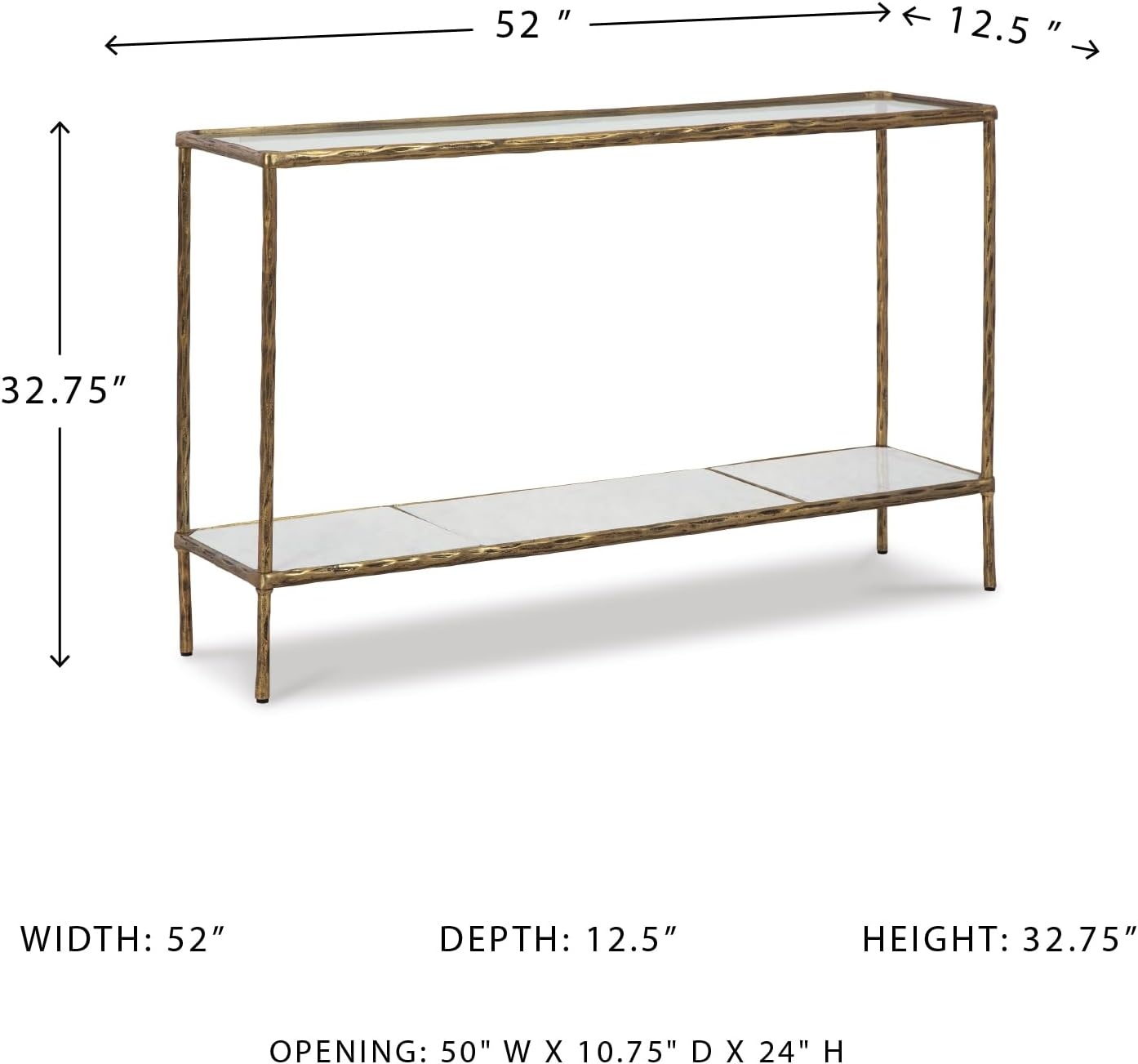 image:imageSignature Design by Ashley Ryandale Console Sofa Table Glass Tabletop White Marble Lower Shelf Sand Casted Aluminum 52 W x 125 D x 3275 H Antique Brass Finish