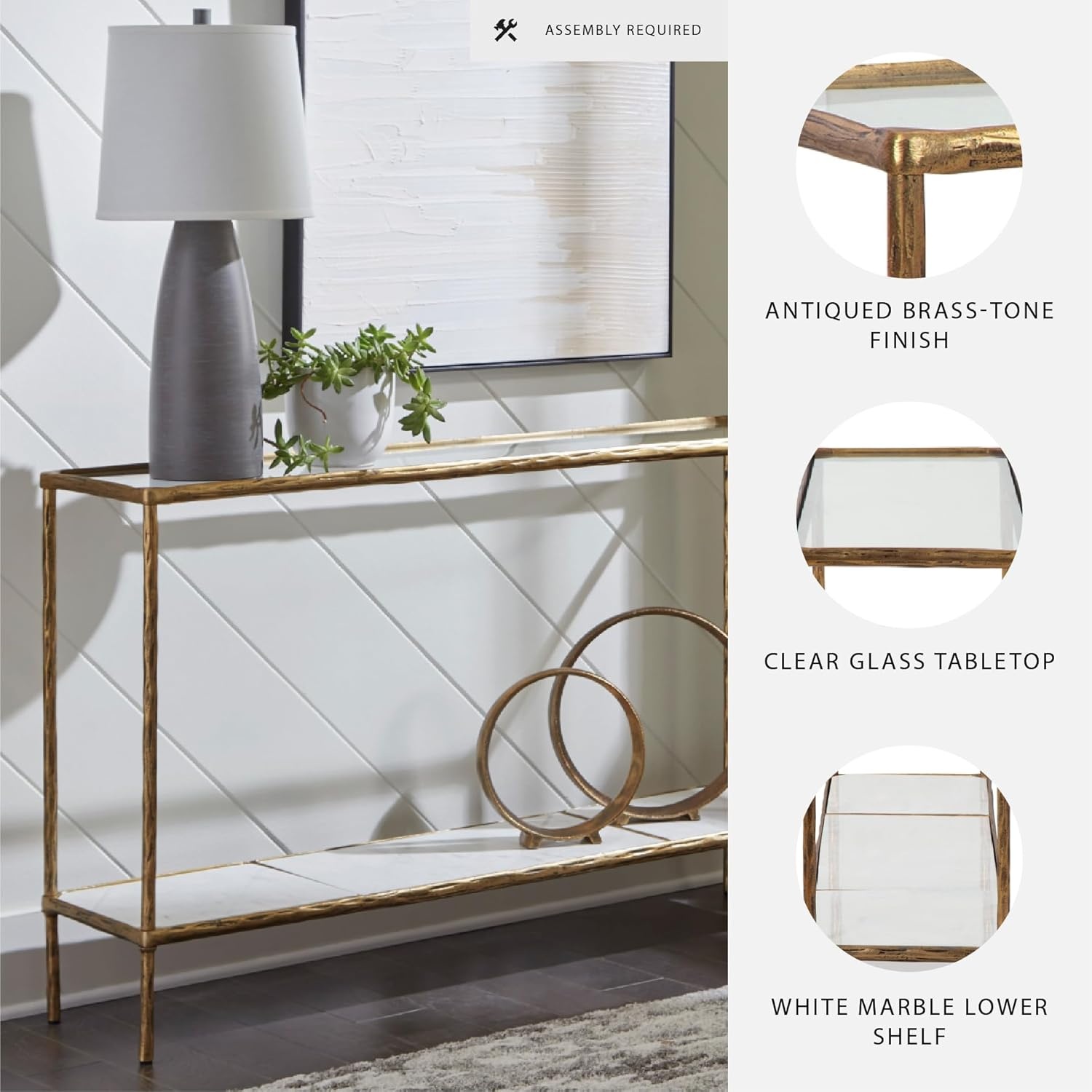 image:imageSignature Design by Ashley Ryandale Console Sofa Table Glass Tabletop White Marble Lower Shelf Sand Casted Aluminum 52 W x 125 D x 3275 H Antique Brass Finish