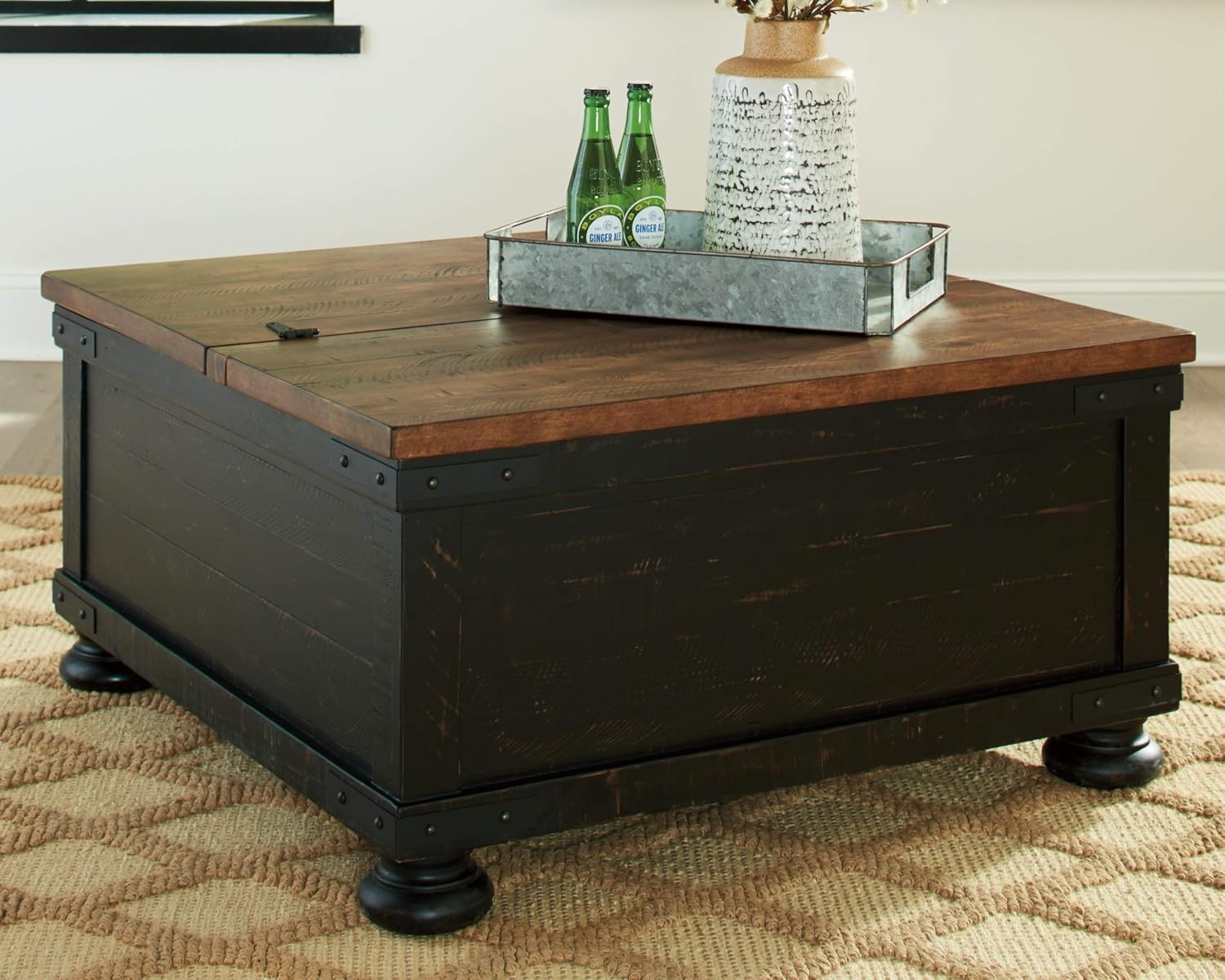 image:imageSignature Design by Ashley Valebeck Farmhouse Lift Top Coffee Table with Storage Distressed Brown amp Black Finish 36 in x 36 in x 18 in and Rectangular End Table with Storage Distressed Brown amp Black Finish