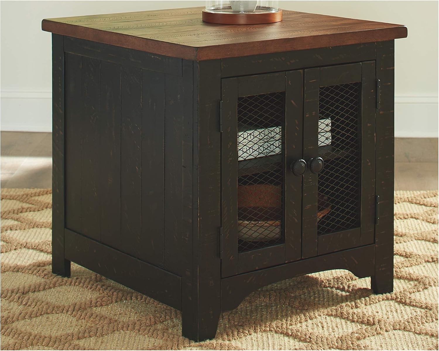 image:imageSignature Design by Ashley Valebeck Farmhouse Lift Top Coffee Table with Storage Distressed Brown amp Black Finish 36 in x 36 in x 18 in and Rectangular End Table with Storage Distressed Brown amp Black Finish