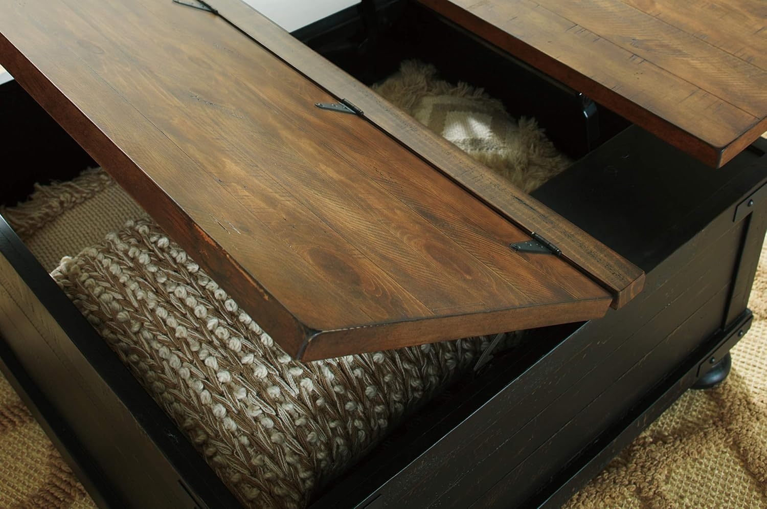 image:imageSignature Design by Ashley Valebeck Farmhouse Lift Top Coffee Table with Storage Distressed Brown amp Black Finish 36 in x 36 in x 18 in and Rectangular End Table with Storage Distressed Brown amp Black Finish