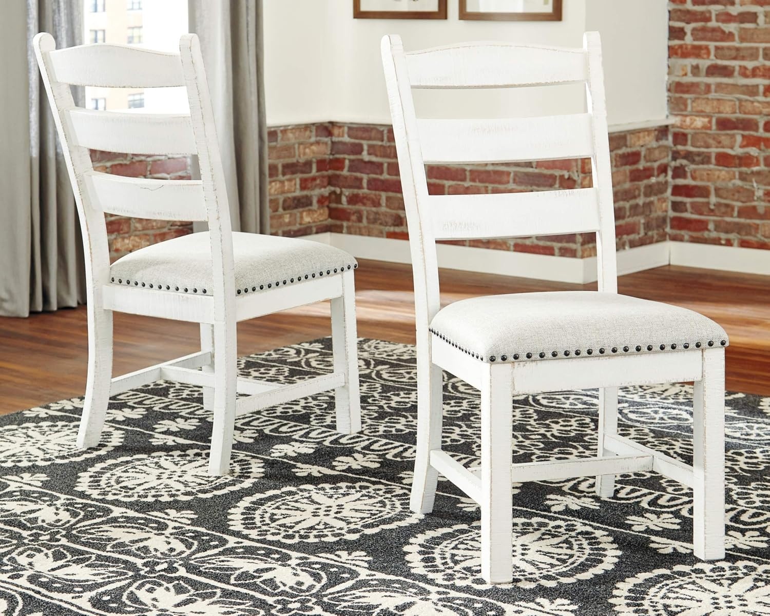 image:imageSignature Design by Ashley Valebeck Farmhouse Rectangular Extension Dining Table Fits up to 8 White amp Brown Valebeck Vintage Farmhouse Cushioned Dining Chair 2 Count WhitewashDining Height