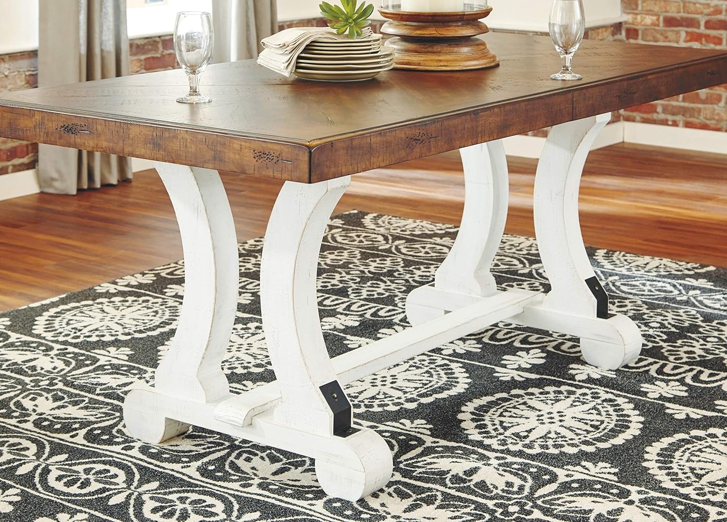 image:imageSignature Design by Ashley Valebeck Farmhouse Rectangular Extension Dining Table Fits up to 8 White amp Brown Valebeck Vintage Farmhouse Cushioned Dining Chair 2 Count WhitewashDining Height
