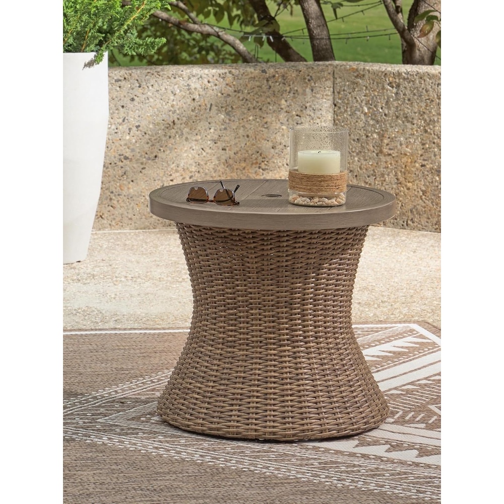 image:imageSignature Design by Ashley Revare Beach Casual Weather and Rust Resistant Outdoor End Table with Umbrella Hole Medium Brown