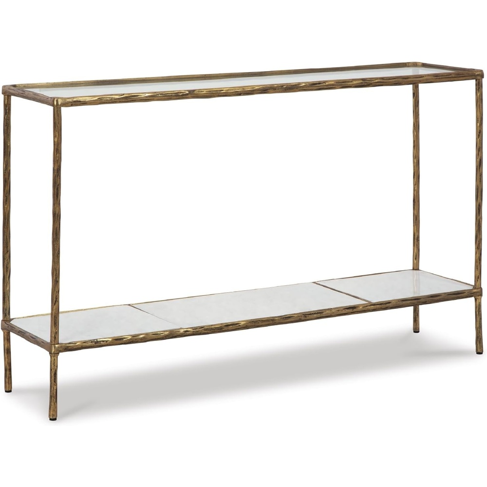 image:imageSignature Design by Ashley Ryandale Console Sofa Table Glass Tabletop White Marble Lower Shelf Sand Casted Aluminum 52 W x 125 D x 3275 H Antique Brass Finish