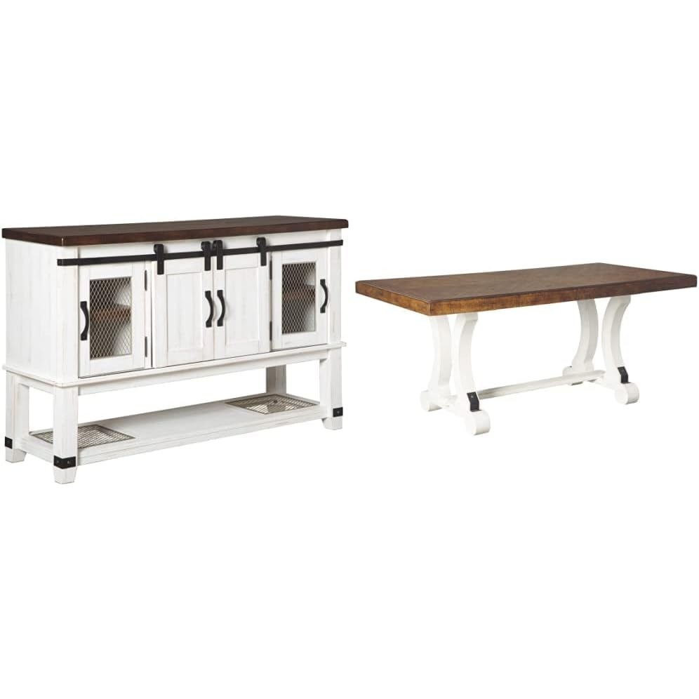 image:imageSignature Design by Ashley Valebeck Farmhouse Dining Room Server or Buffet White amp Brown amp Valebeck Farmhouse Rectangular Extension Dining Table Fits up to 8 White amp Brown