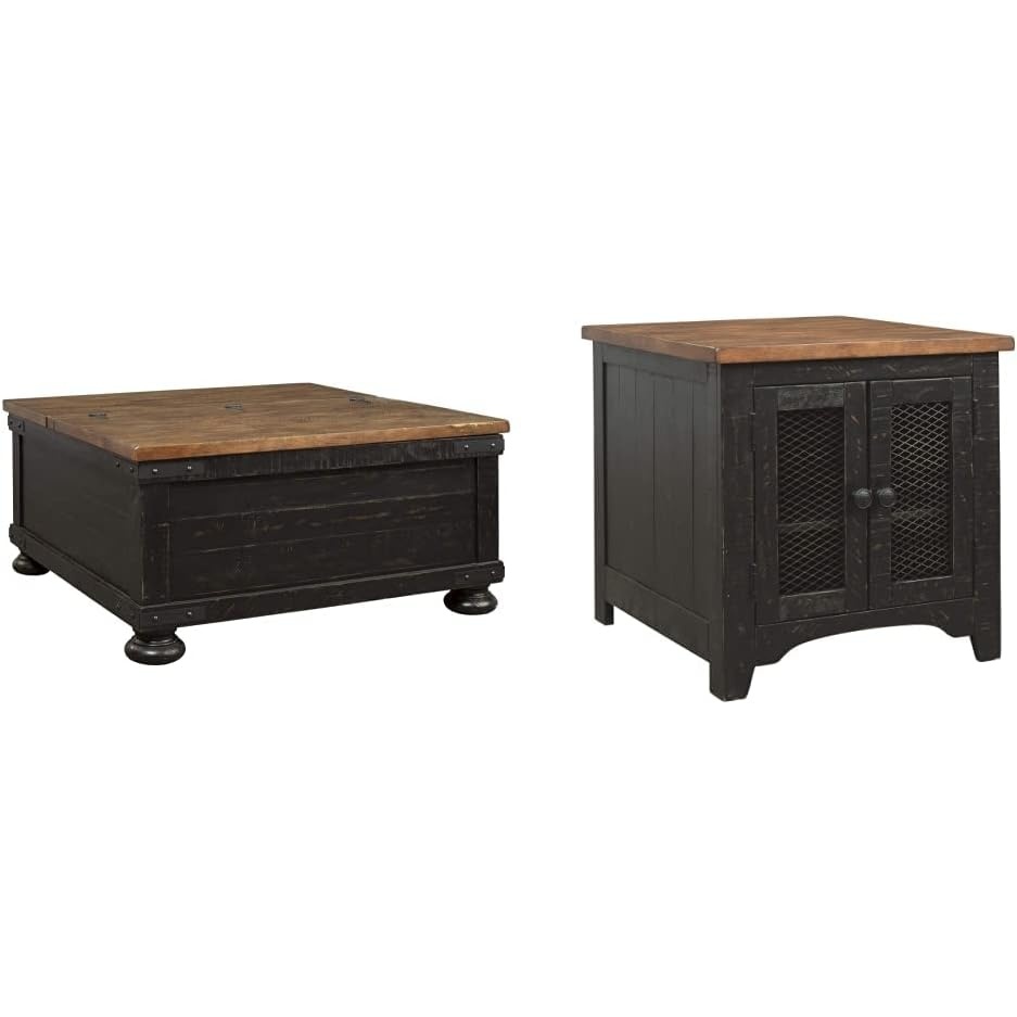 image:imageSignature Design by Ashley Valebeck Farmhouse Lift Top Coffee Table with Storage Distressed Brown amp Black Finish 36 in x 36 in x 18 in and Rectangular End Table with Storage Distressed Brown amp Black Finish