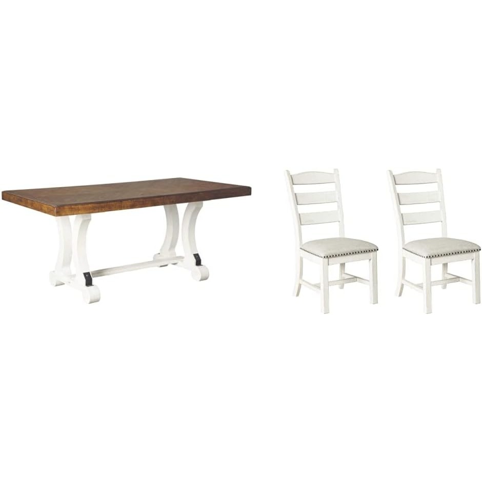 image:imageSignature Design by Ashley Valebeck Farmhouse Rectangular Extension Dining Table Fits up to 8 White amp Brown Valebeck Vintage Farmhouse Cushioned Dining Chair 2 Count WhitewashDining Height