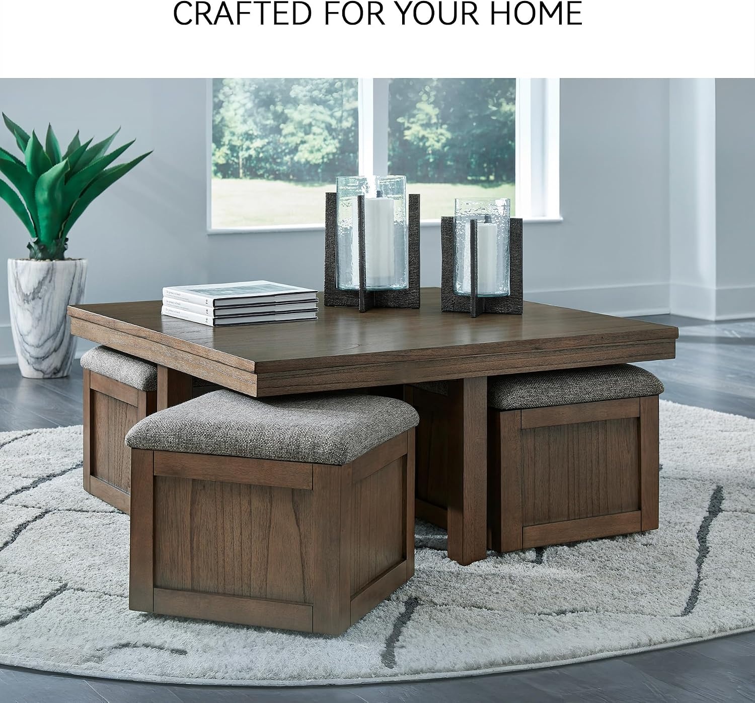image:imageSignature Design by Ashley Boardernest Casual Coffee Table with 4 Storage Stools Dark Brown