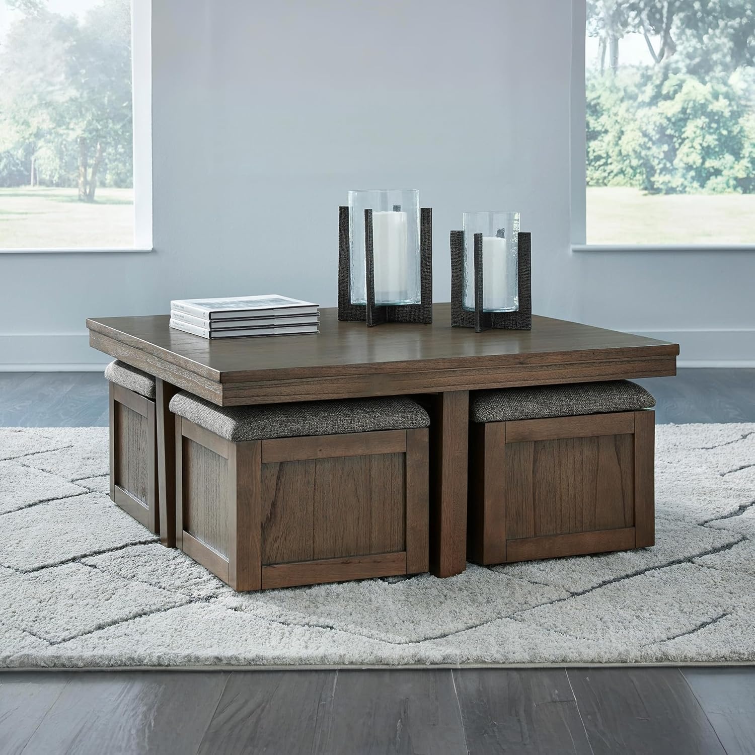 image:imageSignature Design by Ashley Boardernest Casual Coffee Table with 4 Storage Stools Dark Brown