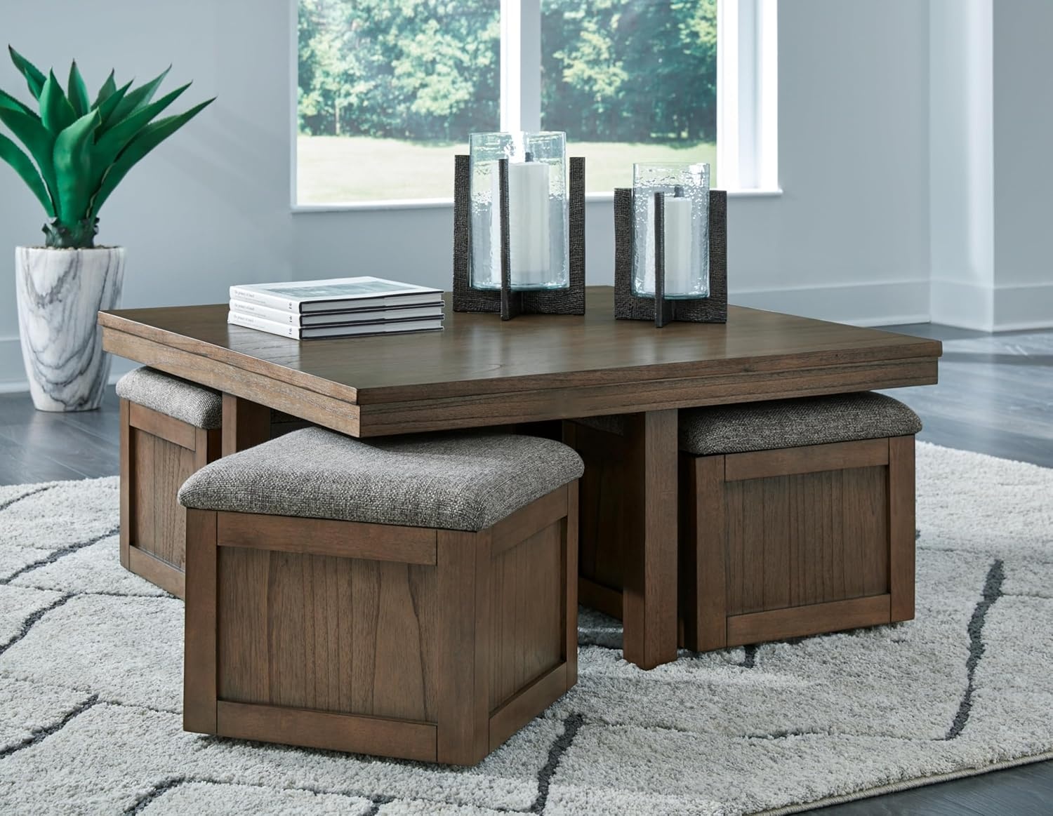 image:imageSignature Design by Ashley Boardernest Casual Coffee Table with 4 Storage Stools Dark Brown