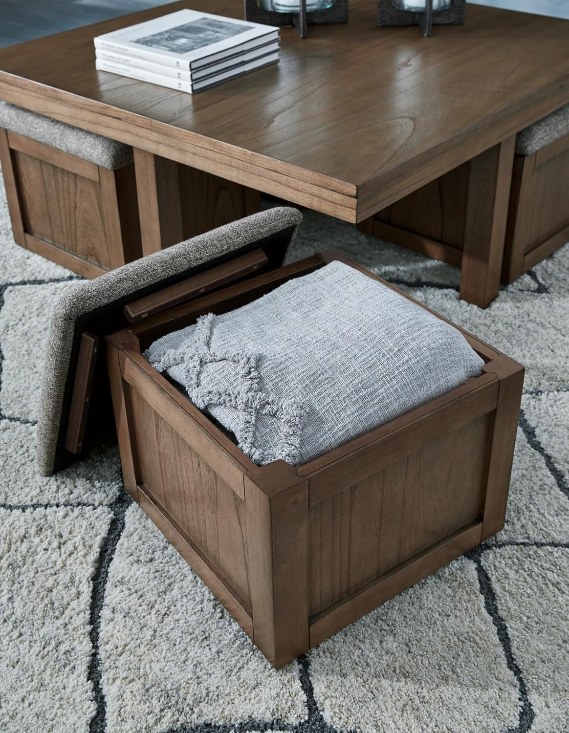 image:imageSignature Design by Ashley Boardernest Casual Coffee Table with 4 Storage Stools Dark Brown