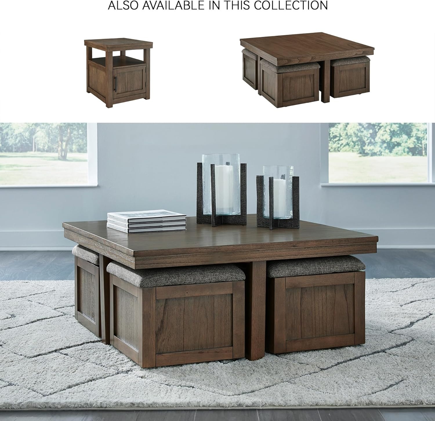 image:imageSignature Design by Ashley Boardernest Casual Coffee Table with 4 Storage Stools Dark Brown
