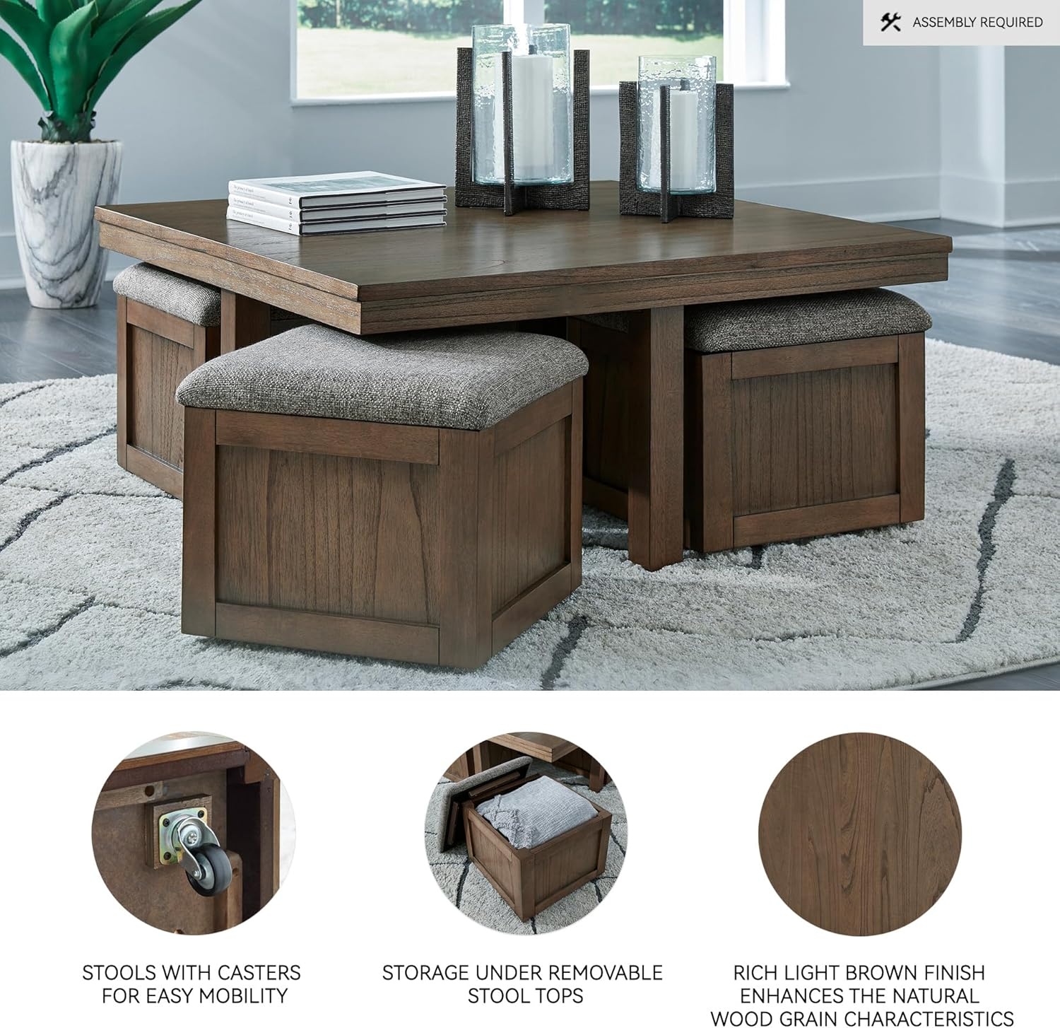 image:imageSignature Design by Ashley Boardernest Casual Coffee Table with 4 Storage Stools Dark Brown