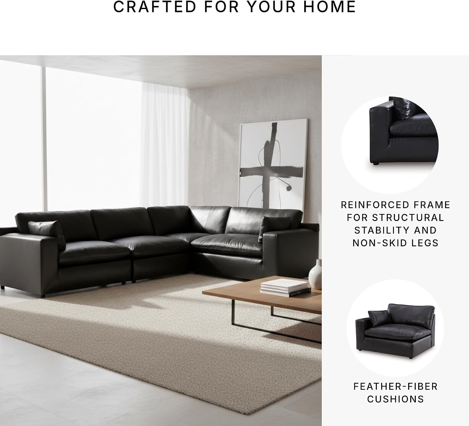 image:imageSignature Design by Ashley Emilia Sectional Sofa Modular Leather Couch with Feather Cushions Contemporary Living Room Seating with Floating Pieces 130 W x 90 D x 36 H
