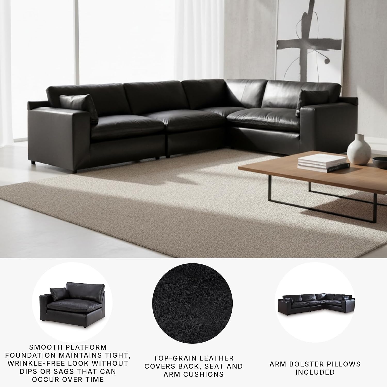 image:imageSignature Design by Ashley Emilia Sectional Sofa Modular Leather Couch with Feather Cushions Contemporary Living Room Seating with Floating Pieces 130 W x 90 D x 36 H