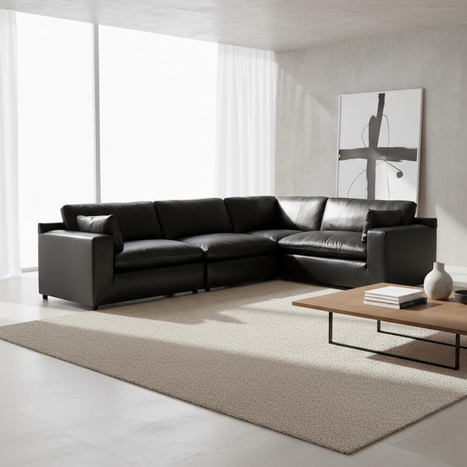 image:imageSignature Design by Ashley Emilia Sectional Sofa Modular Leather Couch with Feather Cushions Contemporary Living Room Seating with Floating Pieces 130 W x 90 D x 36 H