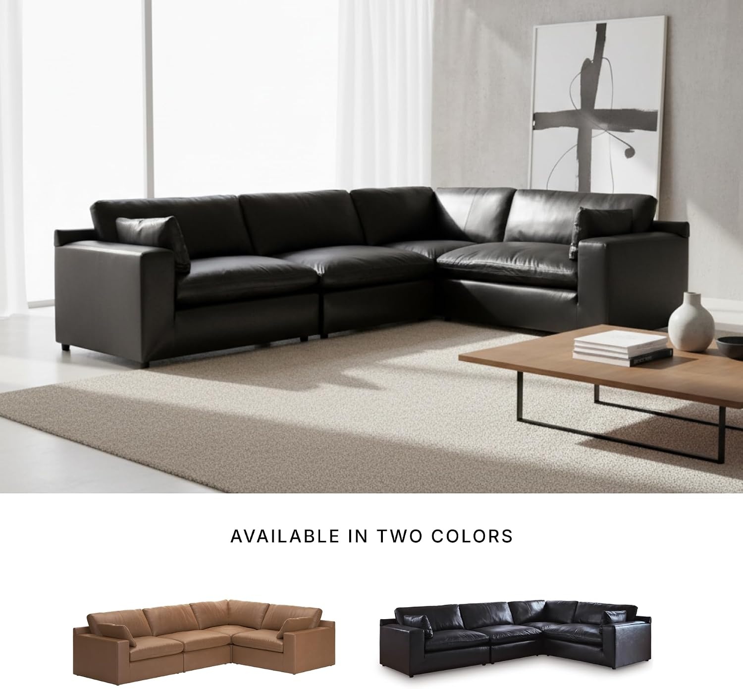 image:imageSignature Design by Ashley Emilia Sectional Sofa Modular Leather Couch with Feather Cushions Contemporary Living Room Seating with Floating Pieces 130 W x 90 D x 36 H