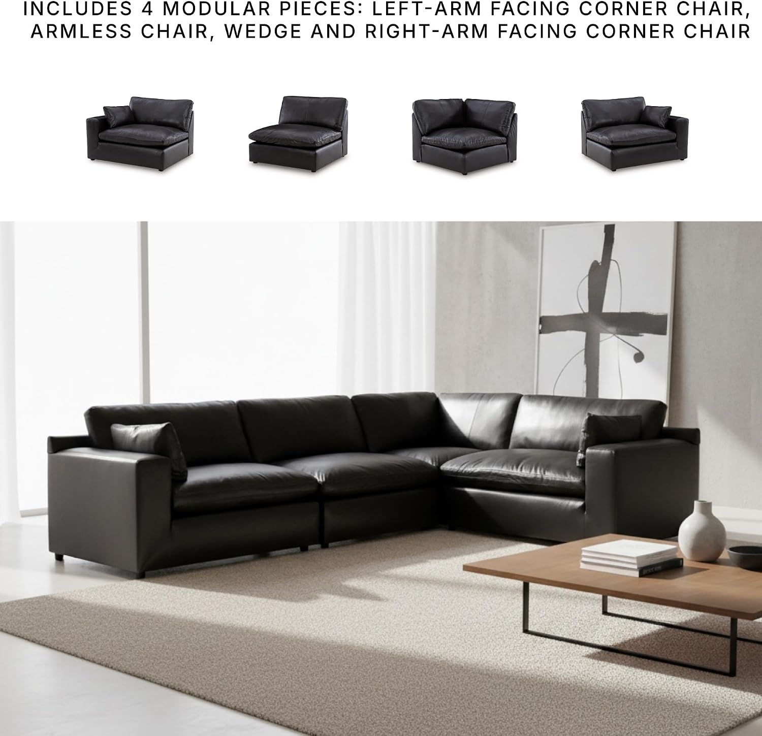 image:imageSignature Design by Ashley Emilia Sectional Sofa Modular Leather Couch with Feather Cushions Contemporary Living Room Seating with Floating Pieces 130 W x 90 D x 36 H