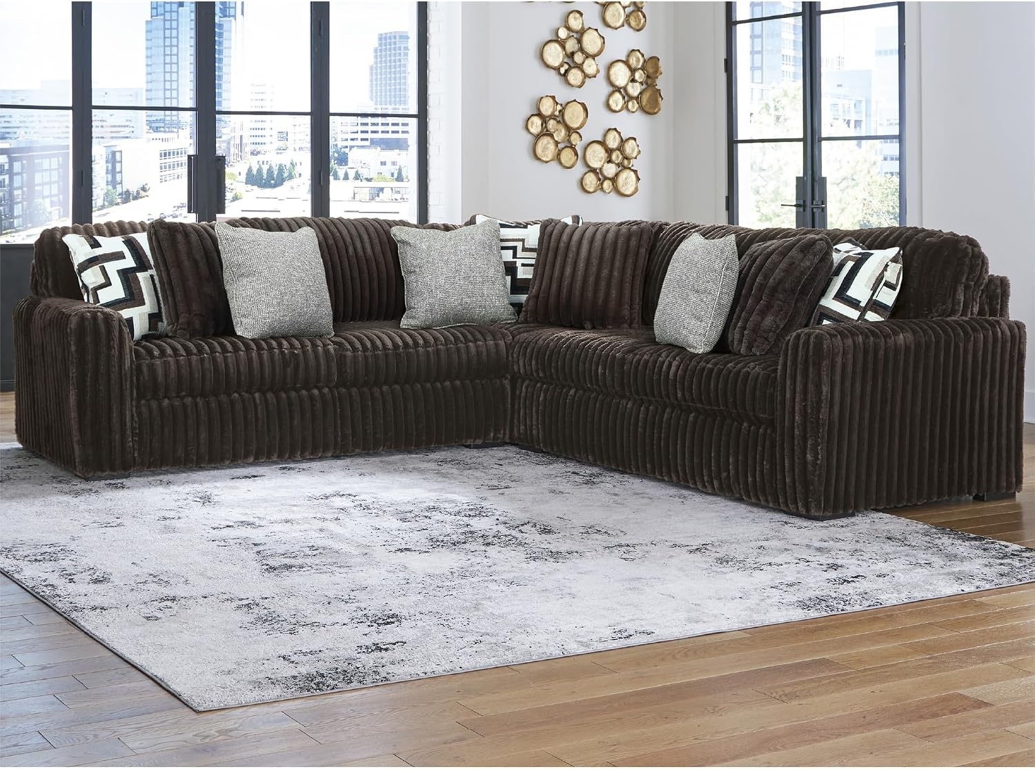 image:imageSignature Design by Ashley MidnightMadness Sectional Sofa Jumbo Corduroy L Shaped Couch for Living Room Comfort Reinforced Frame and Platform Support Brown 122 x 122 x 40Dark Brown