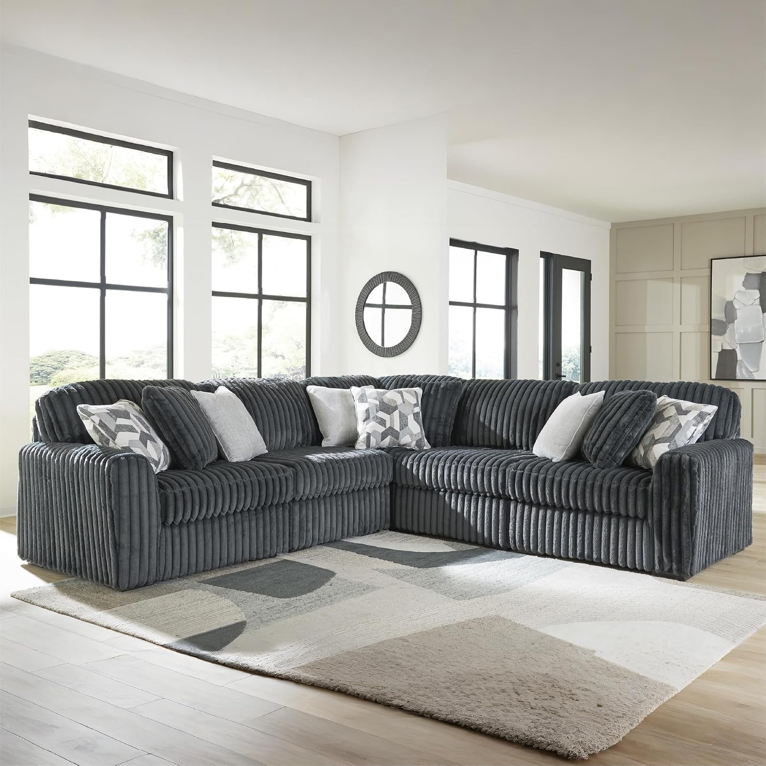 image:imageSignature Design by Ashley MidnightMadness Sectional Sofa Jumbo Corduroy L Shaped Couch for Living Room Comfort Reinforced Frame and Platform Support Brown 122 x 122 x 40Grey