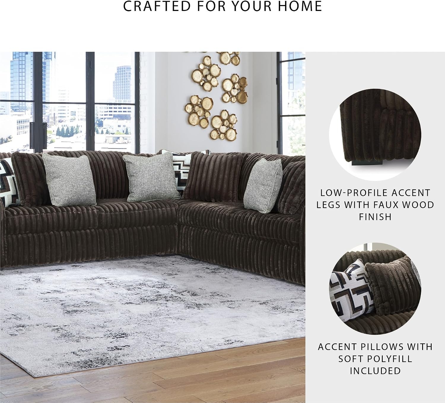 image:imageSignature Design by Ashley MidnightMadness Sectional Sofa Jumbo Corduroy L Shaped Couch for Living Room Comfort Reinforced Frame and Platform Support Brown 122 x 122 x 40Dark Brown
