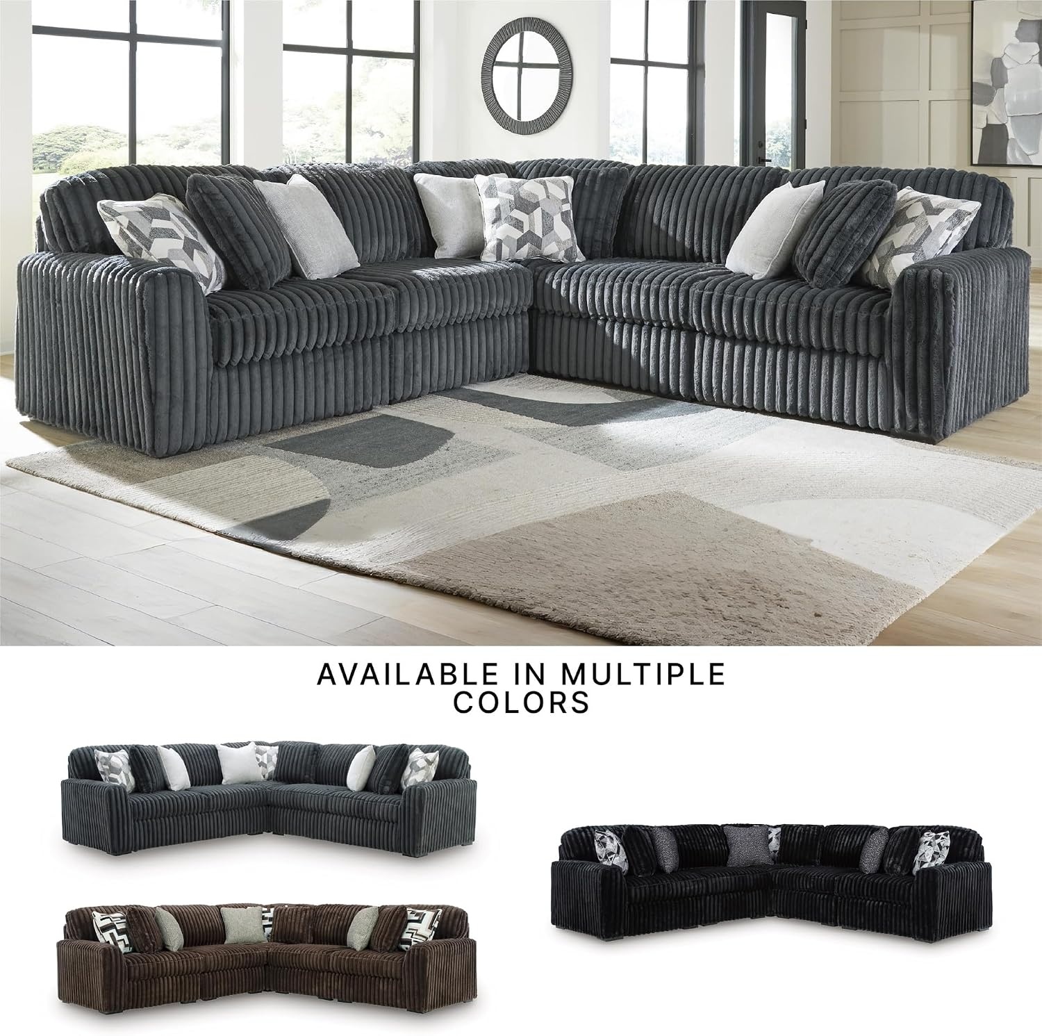 image:imageSignature Design by Ashley MidnightMadness Sectional Sofa Jumbo Corduroy L Shaped Couch for Living Room Comfort Reinforced Frame and Platform Support Brown 122 x 122 x 40Grey