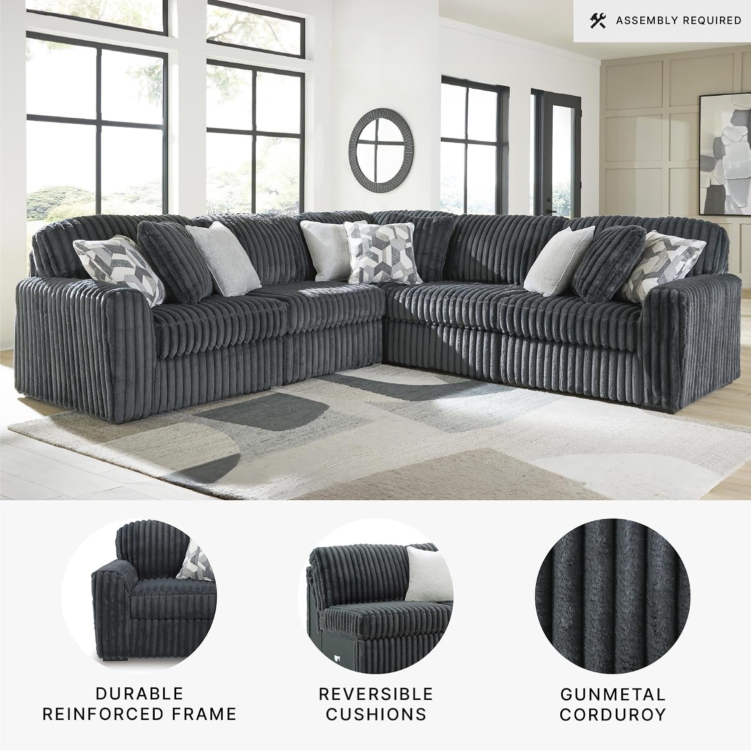 image:imageSignature Design by Ashley MidnightMadness Sectional Sofa Jumbo Corduroy L Shaped Couch for Living Room Comfort Reinforced Frame and Platform Support Brown 122 x 122 x 40Grey