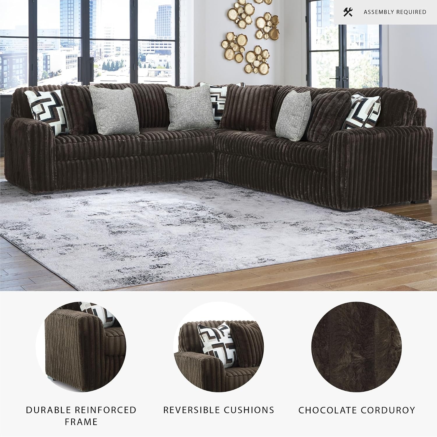 image:imageSignature Design by Ashley MidnightMadness Sectional Sofa Jumbo Corduroy L Shaped Couch for Living Room Comfort Reinforced Frame and Platform Support Brown 122 x 122 x 40Dark Brown