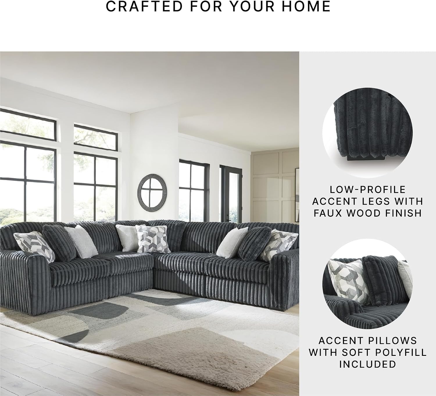 image:imageSignature Design by Ashley MidnightMadness Sectional Sofa Jumbo Corduroy L Shaped Couch for Living Room Comfort Reinforced Frame and Platform Support Brown 122 x 122 x 40Grey