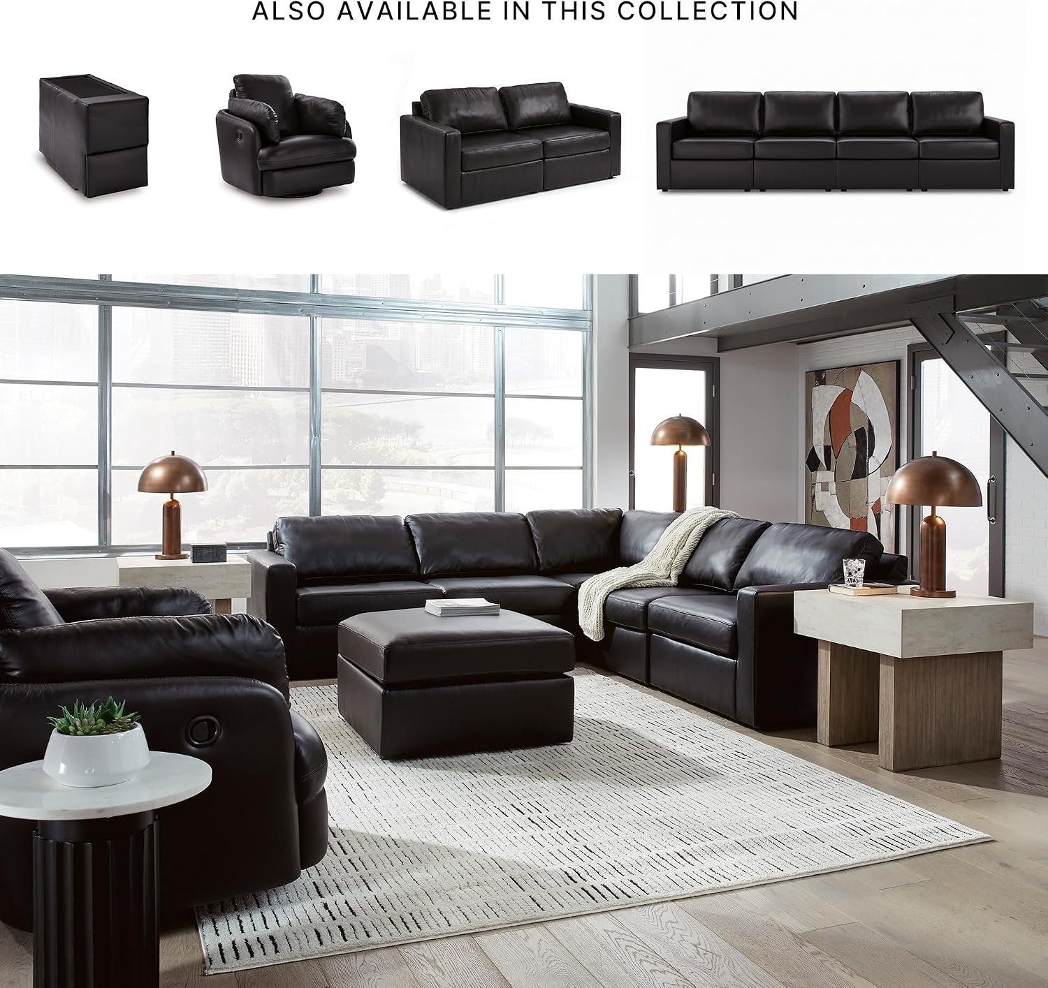image:imageSignature Design by Ashley Modmax II Sectional Sofa Modular Design Top Grain Leather Seating Contemporary Living Room Sectionals for Flexible Entertaining Black