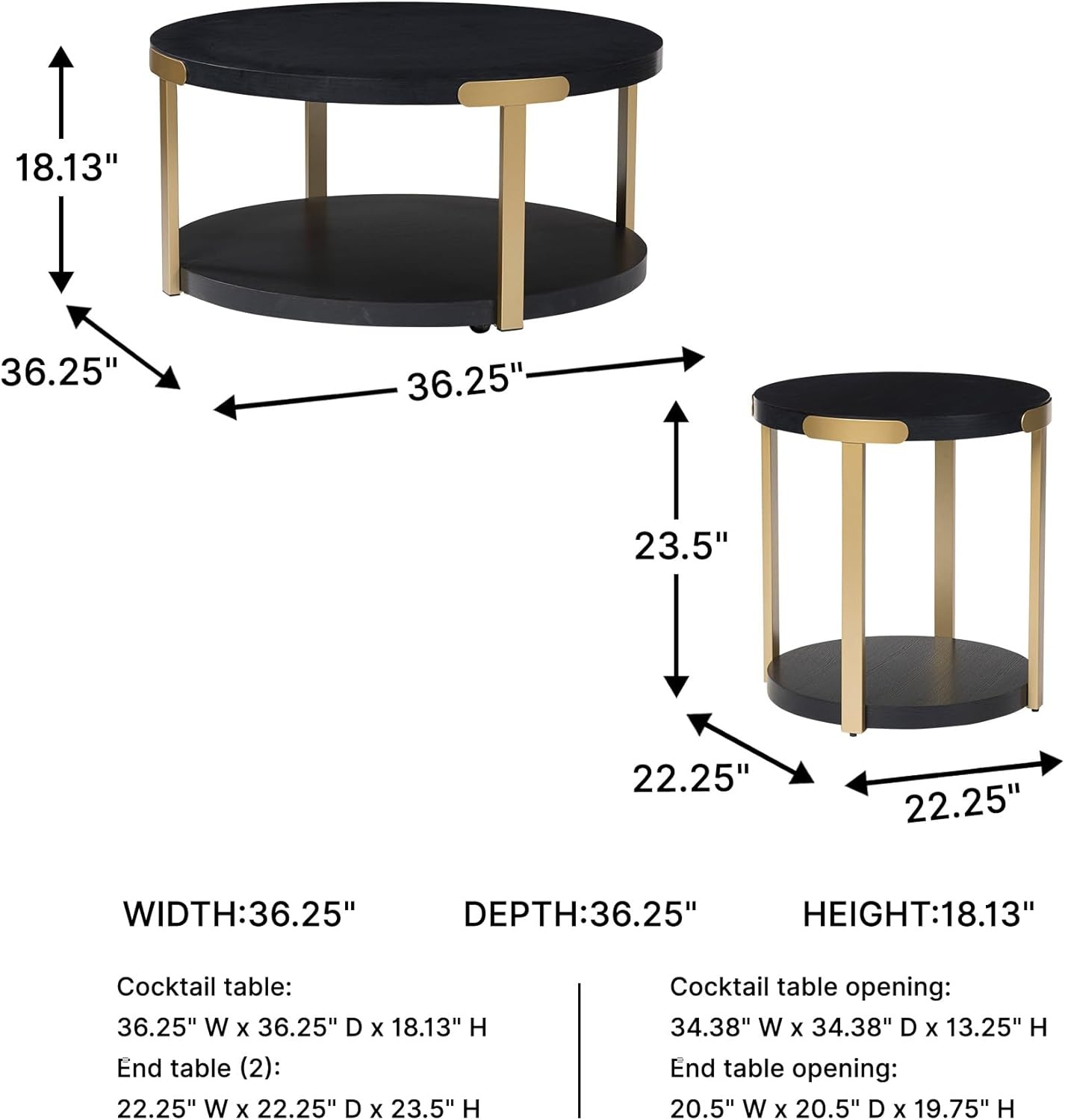 image:imageSignature Design by Ashley Shylore 3Piece Round Coffee Table Set with Casters Living Room Table Set Melamine Engineered Wood and Metal Frame Black and Goldtone
