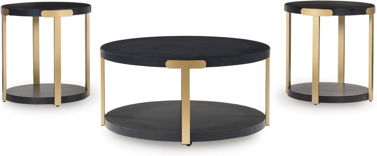 image:imageSignature Design by Ashley Shylore 3Piece Round Coffee Table Set with Casters Living Room Table Set Melamine Engineered Wood and Metal Frame Black and Goldtone