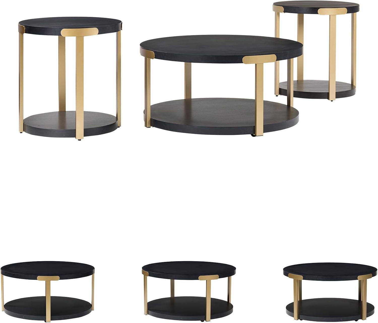 image:imageSignature Design by Ashley Shylore 3Piece Round Coffee Table Set with Casters Living Room Table Set Melamine Engineered Wood and Metal Frame Black and Goldtone
