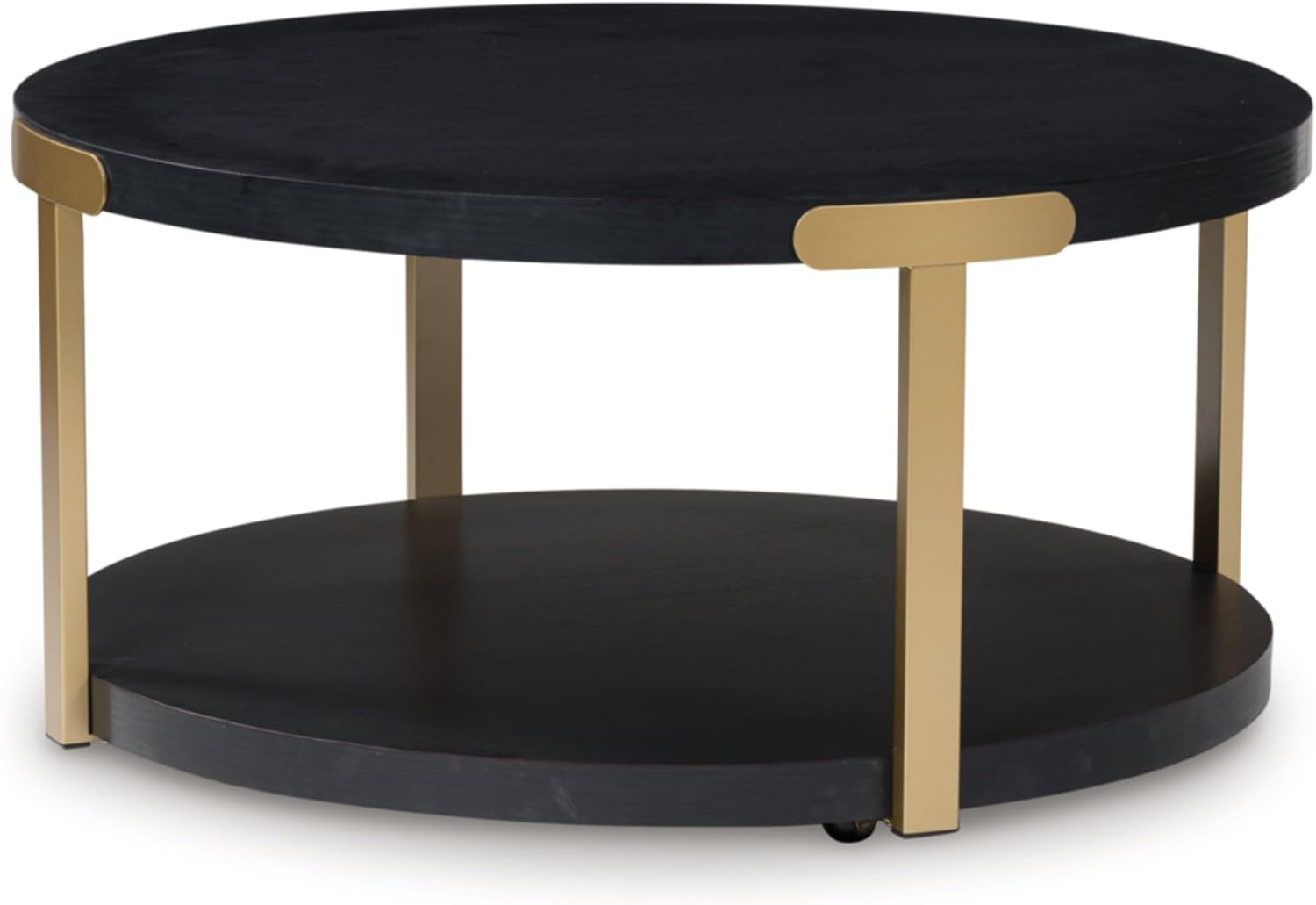 image:imageSignature Design by Ashley Shylore 3Piece Round Coffee Table Set with Casters Living Room Table Set Melamine Engineered Wood and Metal Frame Black and Goldtone